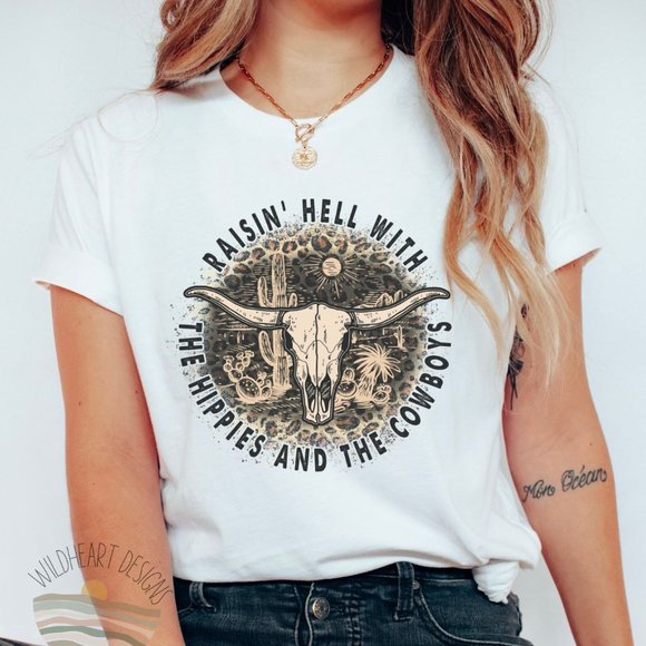 Raising Hell With The Hippies And The Cowboys Graphic T-shirt, Unisex Tee - Picture 1 of 2